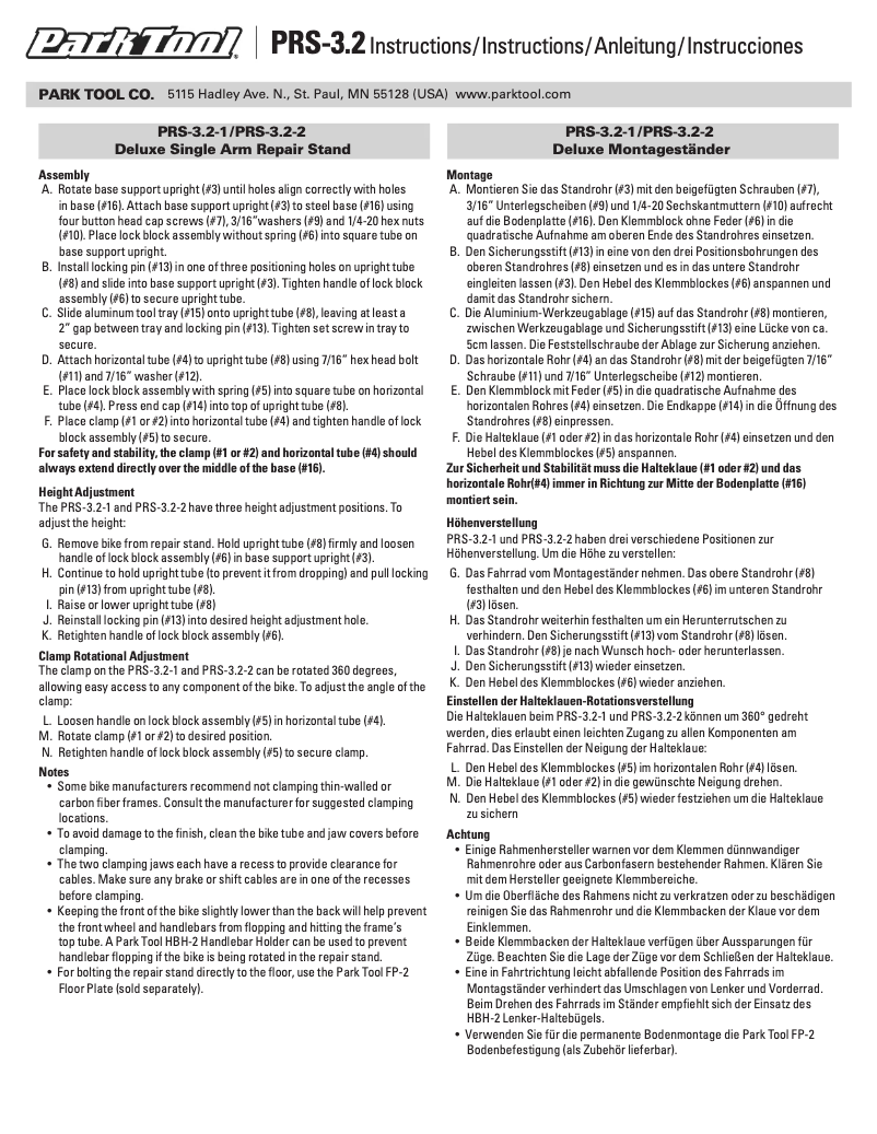 Page 1 de la notice Manuel utilisateur Park Tool PRS-3.2