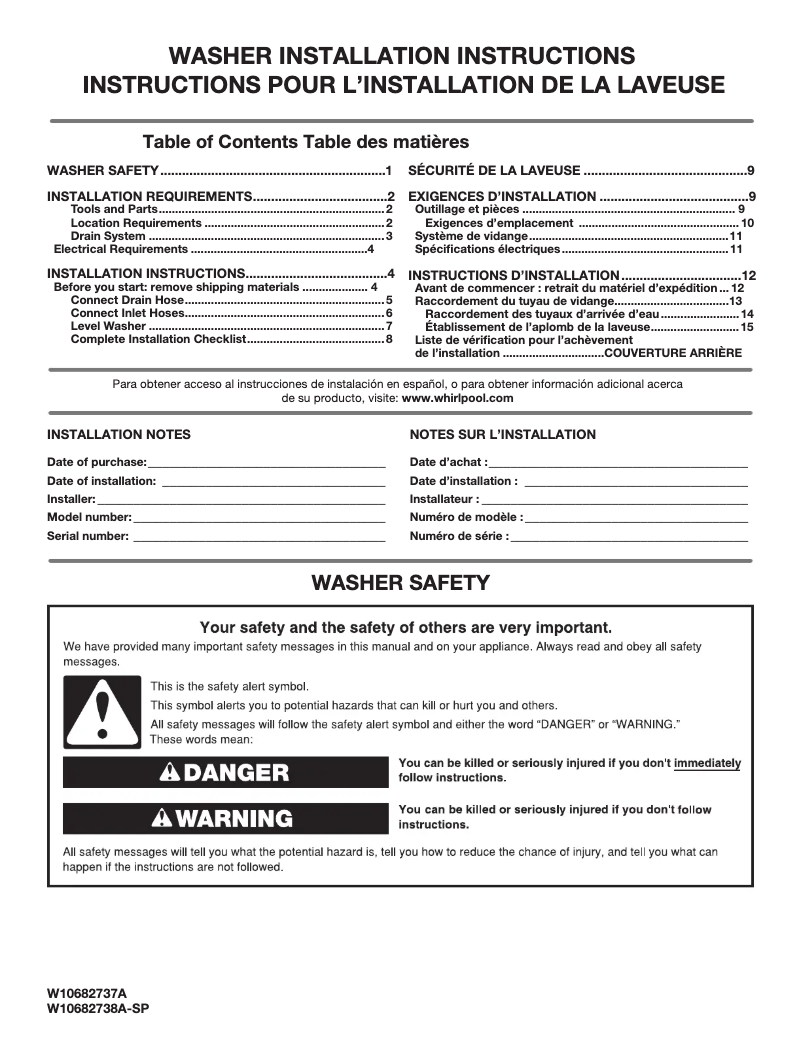 Page 1 de la notice Guide d'installation Whirlpool WTW8000D