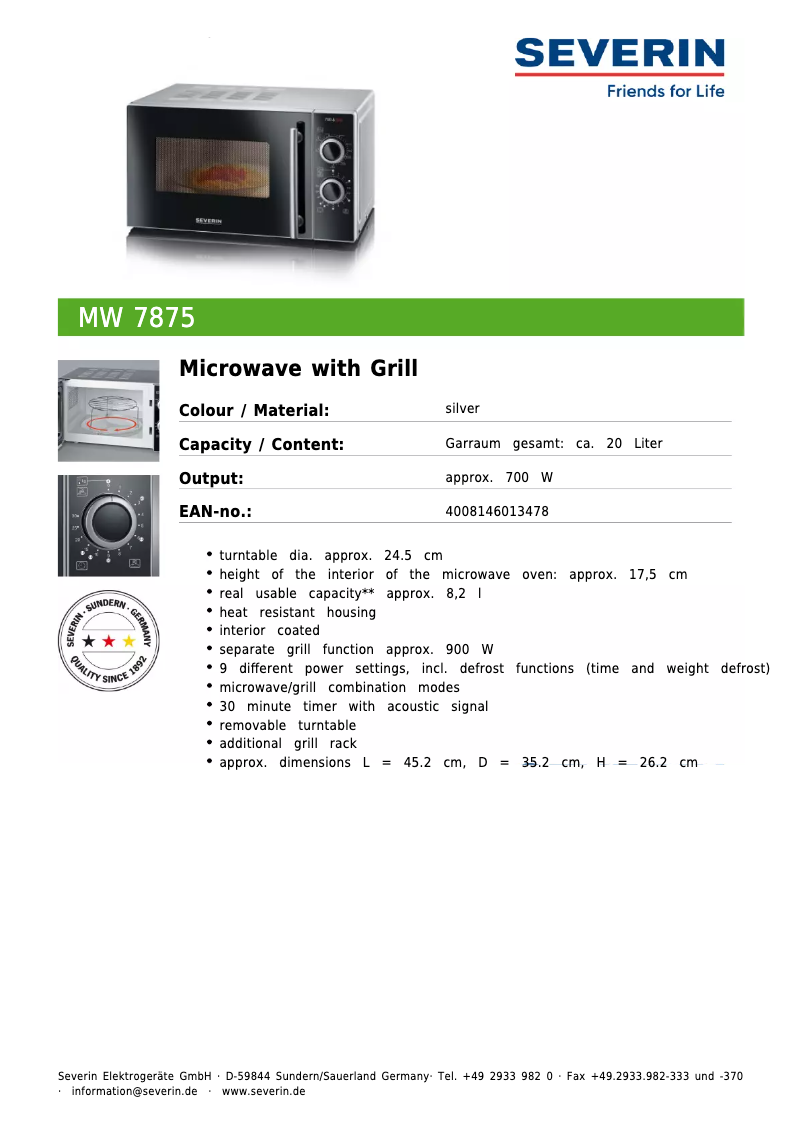 Page 1 de la notice Fiche technique Severin MW 7875