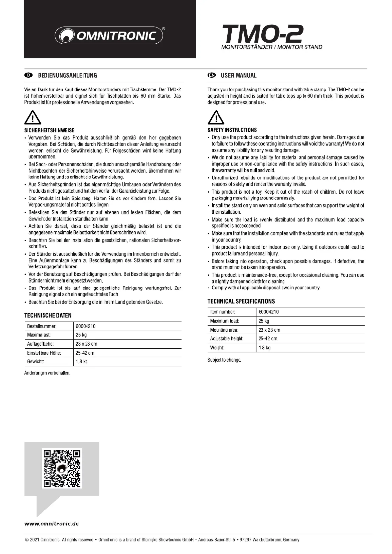 Page 1 de la notice Manuel utilisateur Omnitronic TMO-2