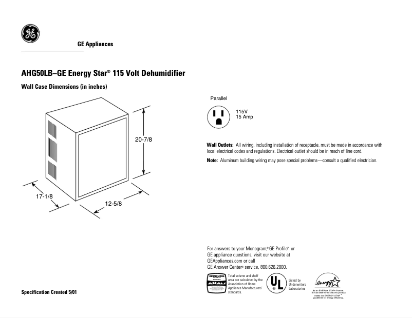 Página 1 del manual Ficha técnica GE AHG50LB