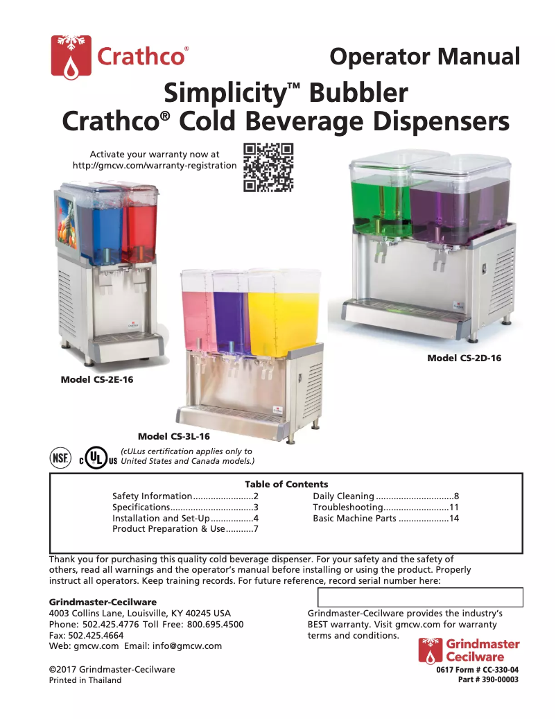 Page 1 de la notice Manuel utilisateur Crathco CS-2D-16