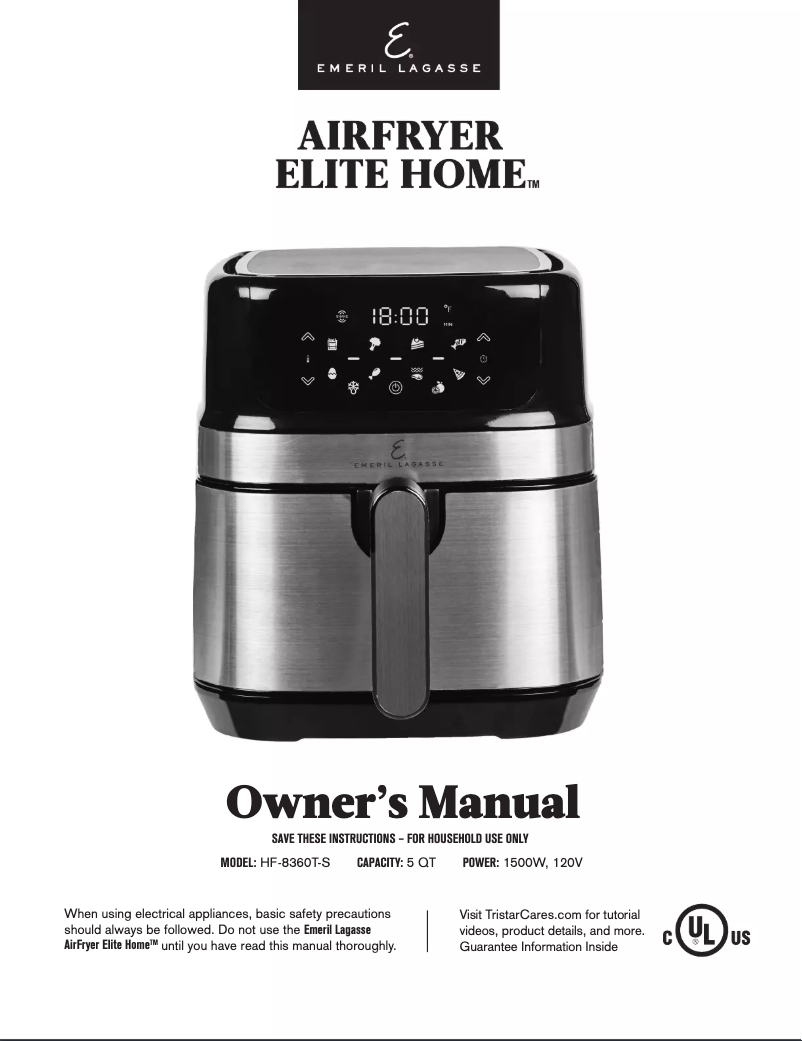 Page 1 de la notice Manuel utilisateur Emeril Lagasse AirFryer Elite Home HF-8360T-S