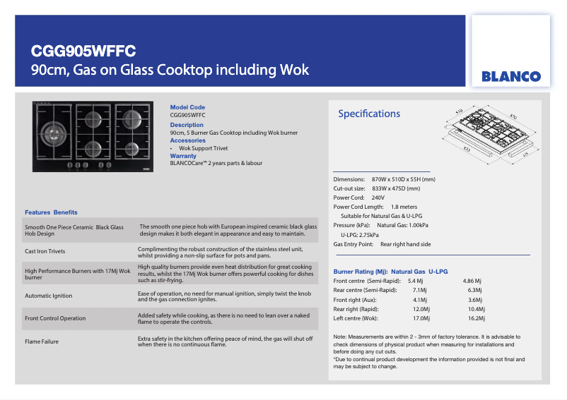 Page 1 de la notice Fiche technique BLANCO CGG905WFFC