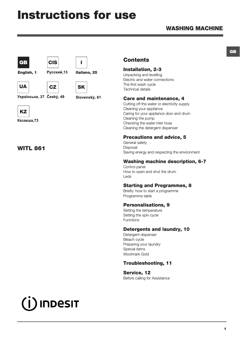 Página 1 del manual Manual de usuario Indesit WITL 861 (EU)