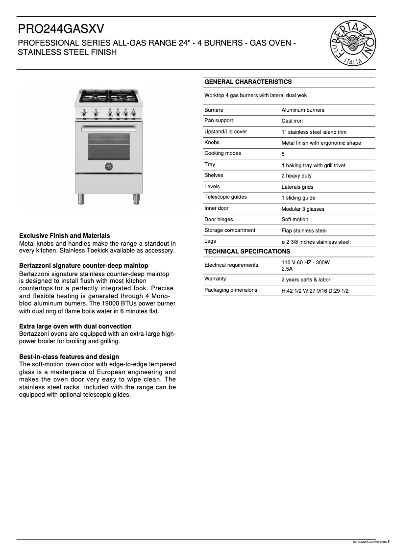 Page 1 de la notice Fiche technique Bertazzoni PRO244GASXV