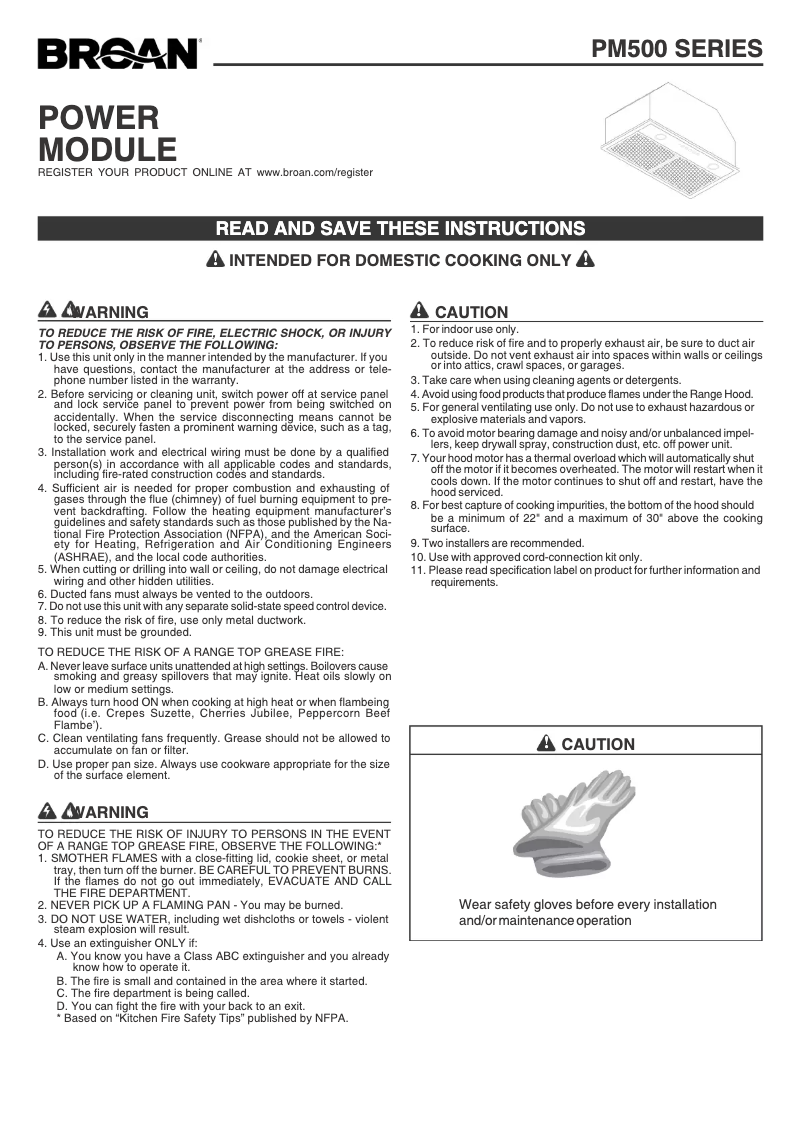 Página 1 del manual Guía de instalación Broan PM500SS
