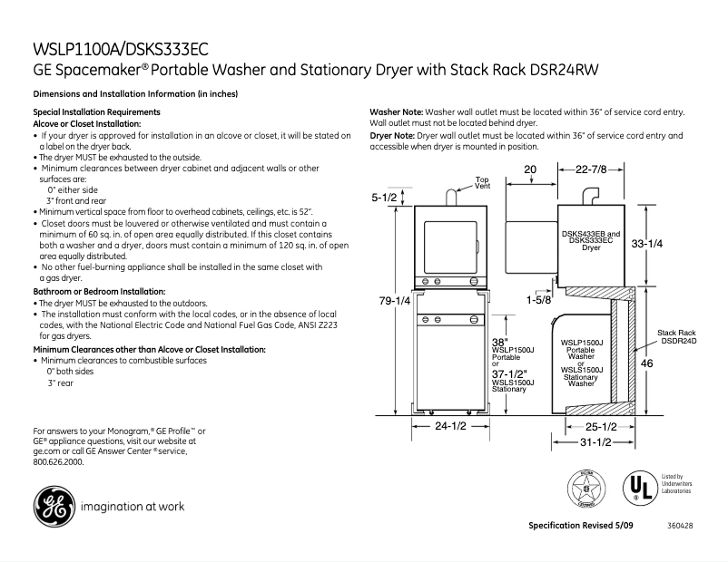 Página 1 del manual Ficha técnica GE WSLP1100AWW
