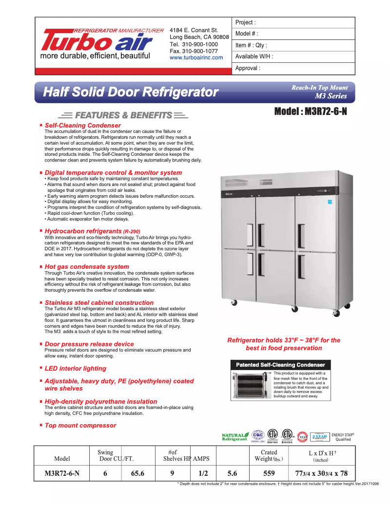 Página 1 del manual Ficha técnica Turbo air M3R72-6
