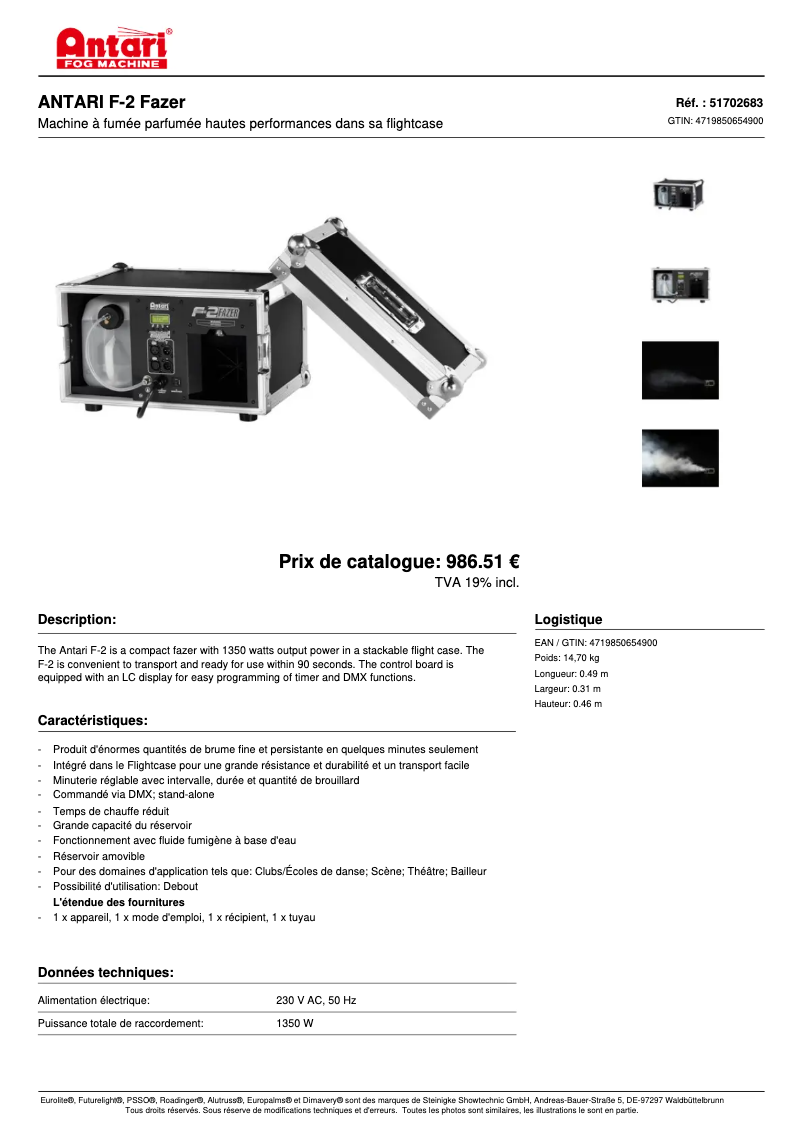 Page 1 de la notice Fiche technique Antari F-2 Fazer