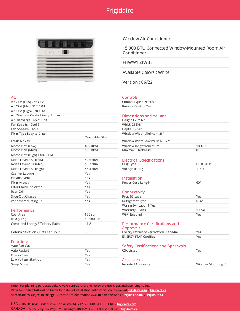 Page 1 de la notice Fiche technique Frigidaire FHWW153WB1