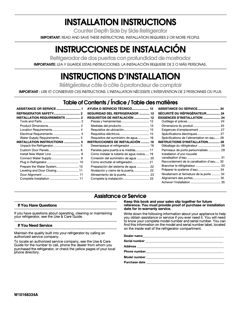 Page 1 de la notice Guide d'installation Whirlpool WRS965CIAH