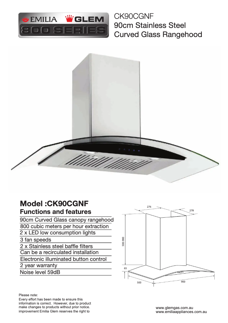 Page 1 de la notice Fiche technique Emilia CK90CGNF