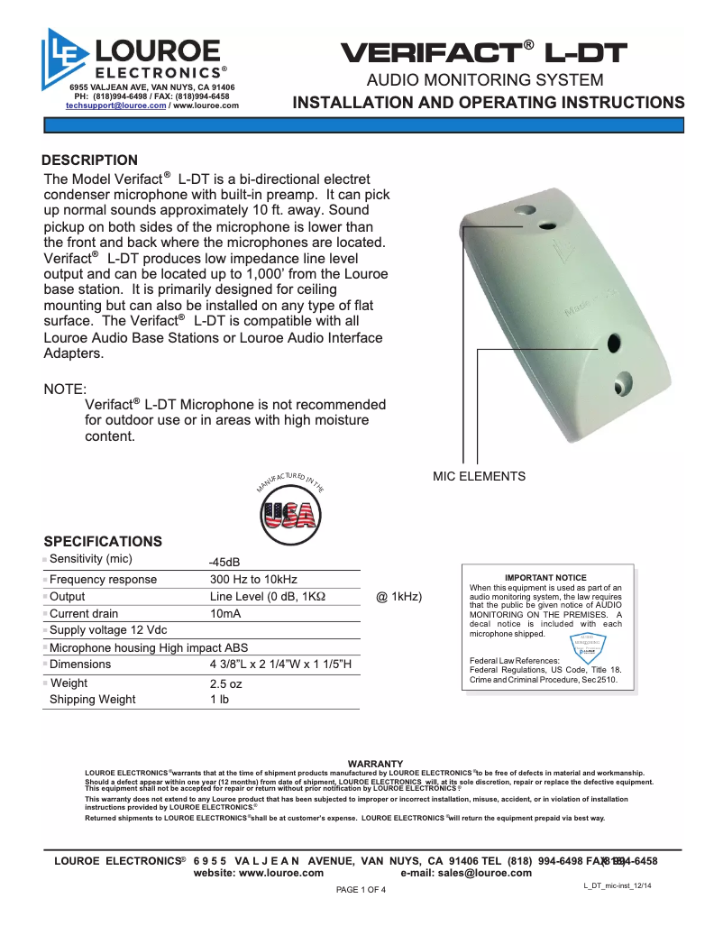 Page 1 of the manual User Manual Louroe Electronics Verifact L-DT