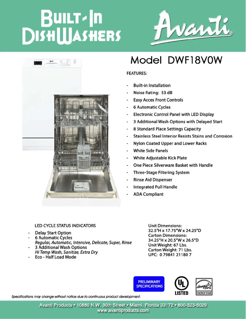 Page 1 de la notice Fiche technique Avanti DWF18V0W