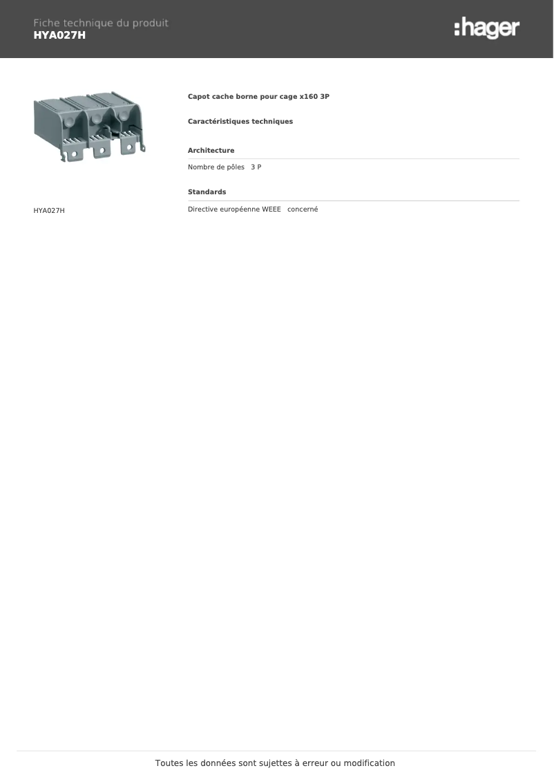 Página 1 del manual Ficha técnica Hager HYA027H