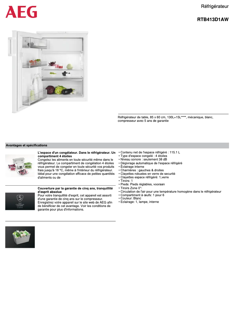 Page 1 de la notice Fiche technique AEG RTB413D1AW