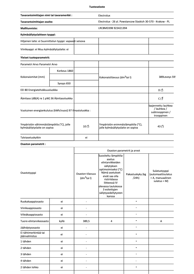Página 1 del manual Ficha técnica Electrolux LRC8MD39B