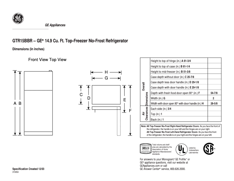 Page 1 of the manual Technical Sheet GE GTR15BBRRCC