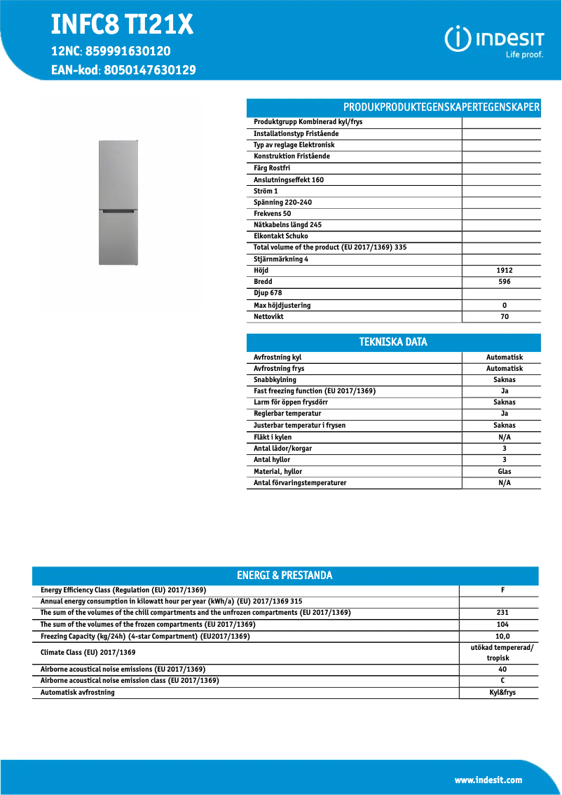 Page n°1 - Fiche technique Indesit INFC8 TI21X