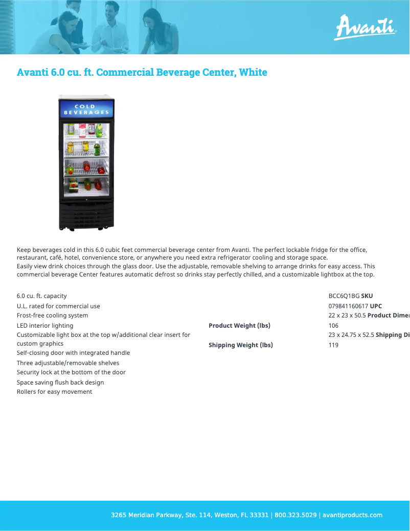 Page 1 de la notice Fiche technique Avanti BCC6Q1BG