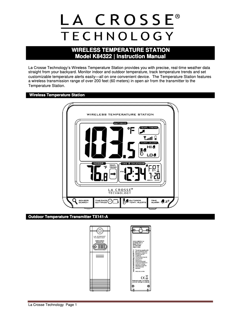 Page 1 de la notice Manuel utilisateur La Crosse Technology K84322