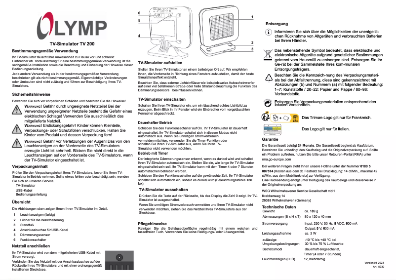 Page 1 de la notice Manuel utilisateur Olympia TV 200