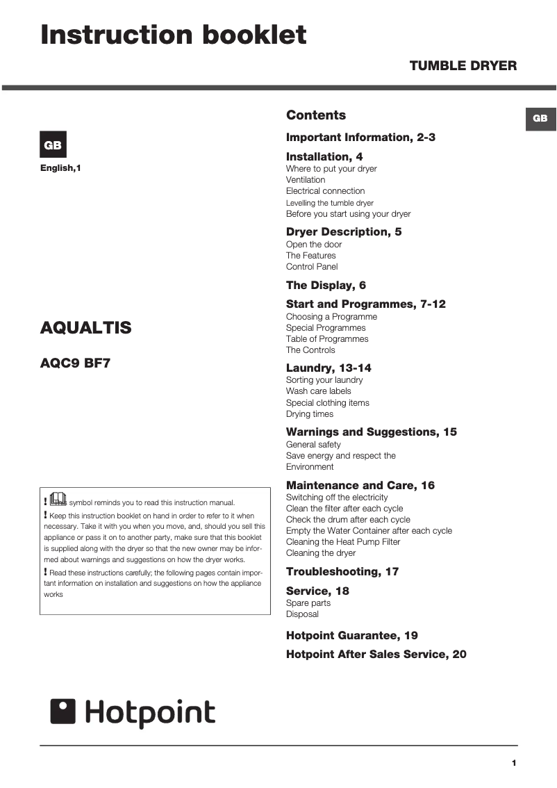 Página 1 del manual Manual de usuario Hotpoint AQC9BF7I