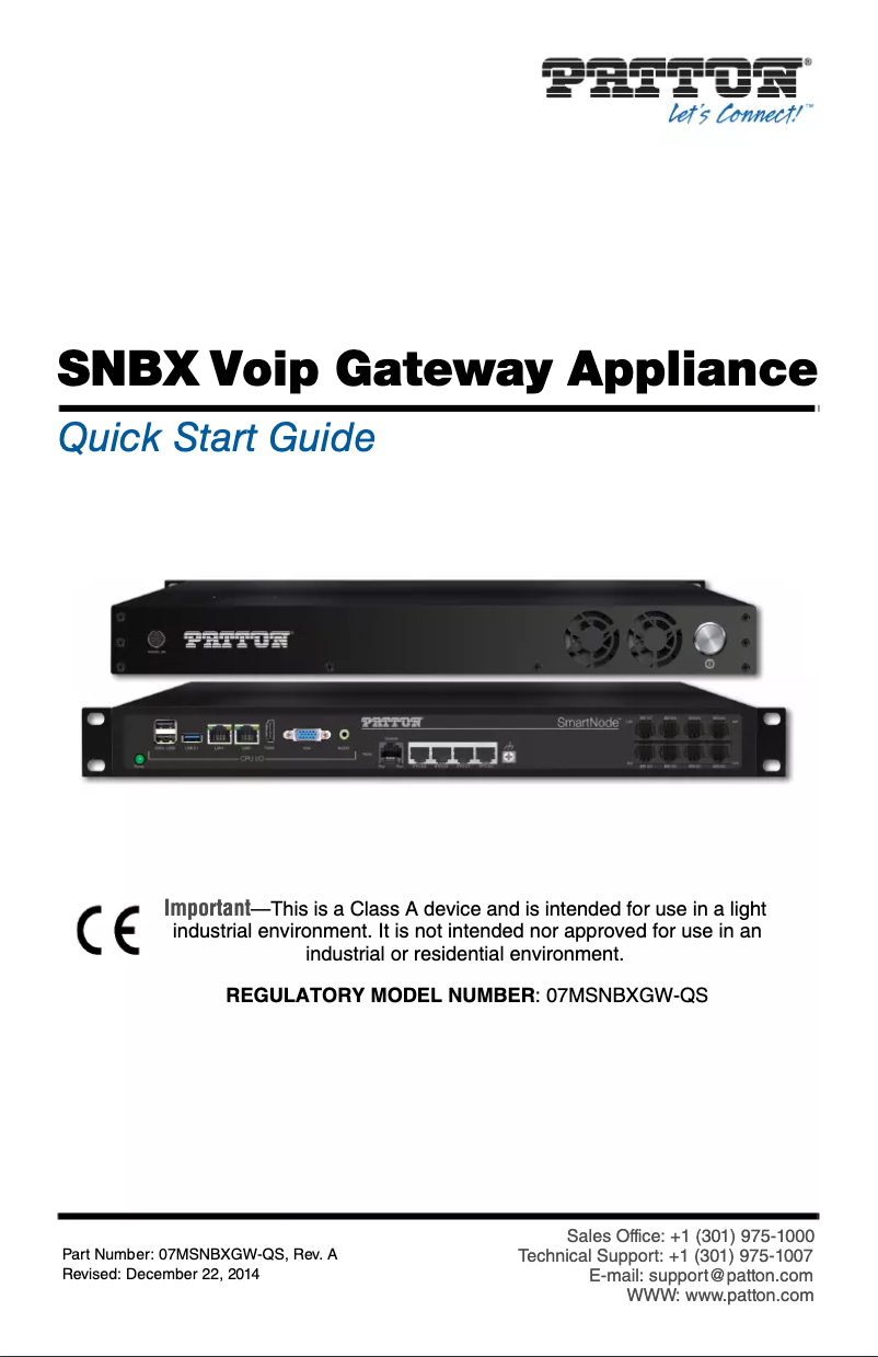 Page 1 de la notice Manuel utilisateur Patton SmartNode Branch eXchange