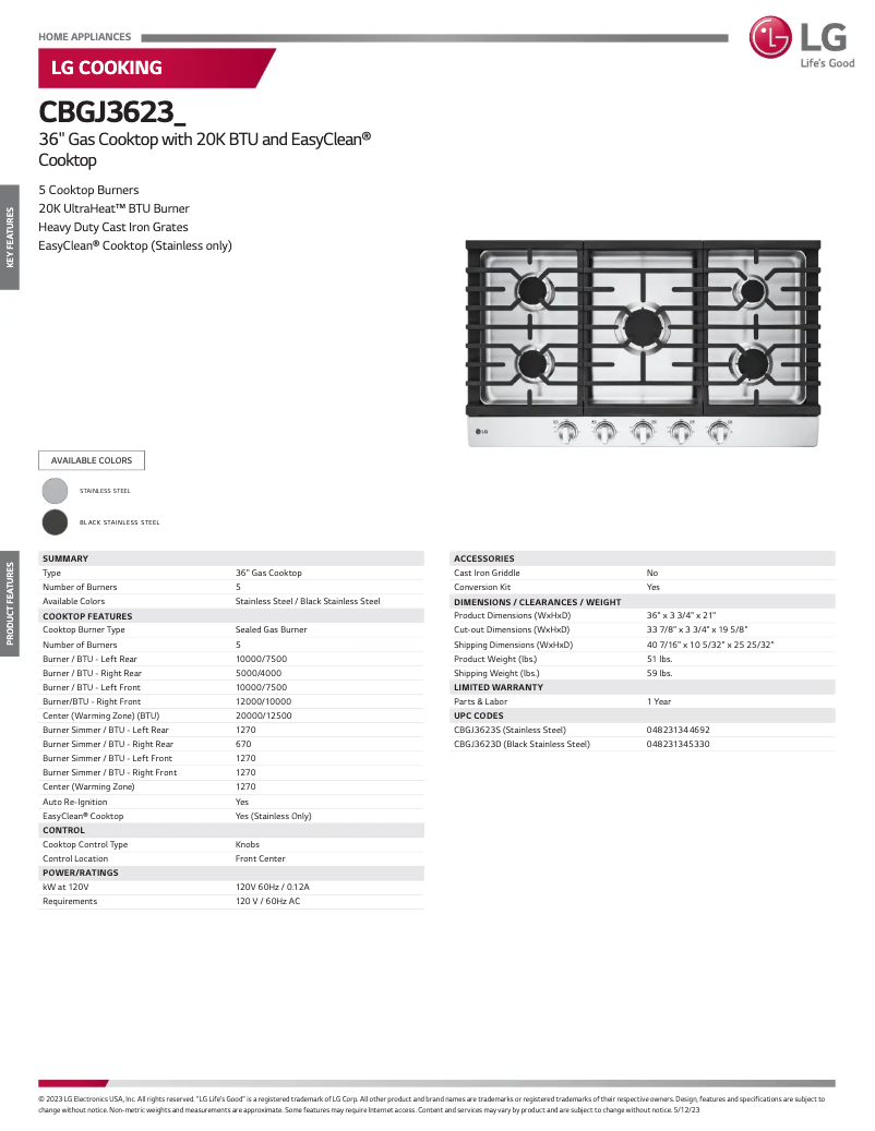 Page 1 de la notice Fiche technique LG CBGJ3623D