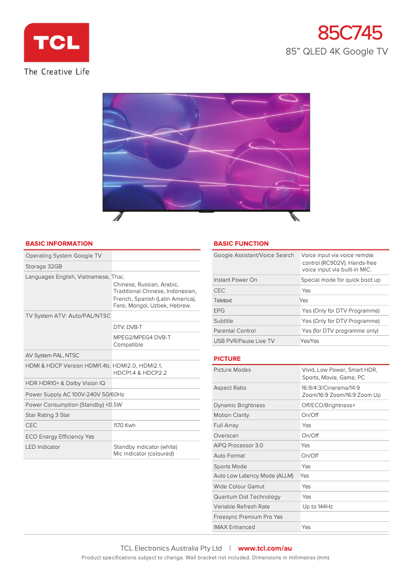 Page 1 de la notice Fiche technique TCL 85C745
