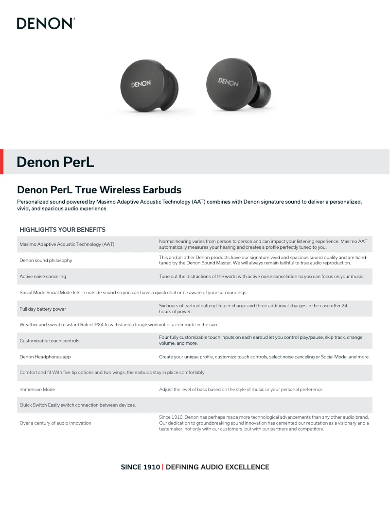 Page 1 de la notice Fiche technique Denon PerL AH-C10PL