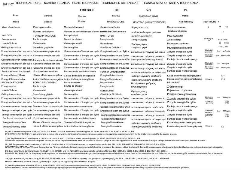 Page 1 de la notice Fiche technique Bertazzoni F6011MODVTX