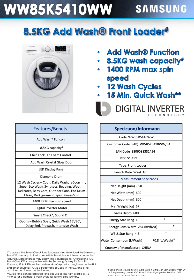 Página 1 del manual Ficha técnica Samsung WW85K5410WW