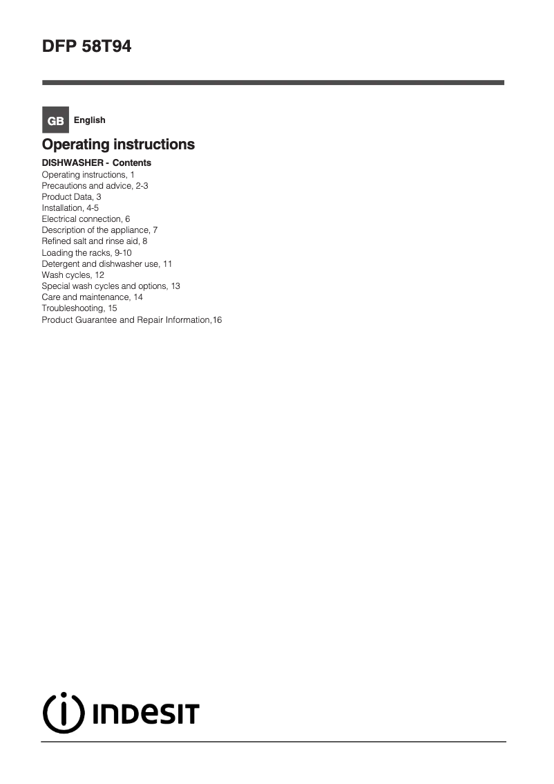 Page n°1 - Manuel utilisateur Indesit DFP 58T96 Z UK