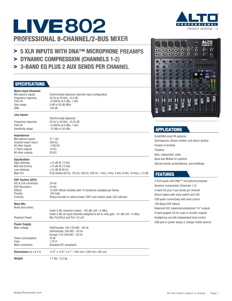 Page 1 de la notice Fiche technique Alto Live 802