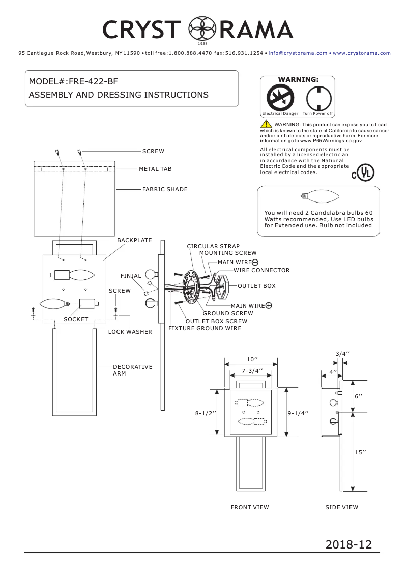 Page 1 de la notice Manuel utilisateur Crystorama Fremont FRE-422-BF