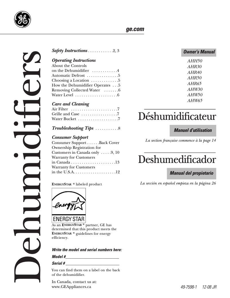Page 1 of the manual User Manual GE AHH50LM