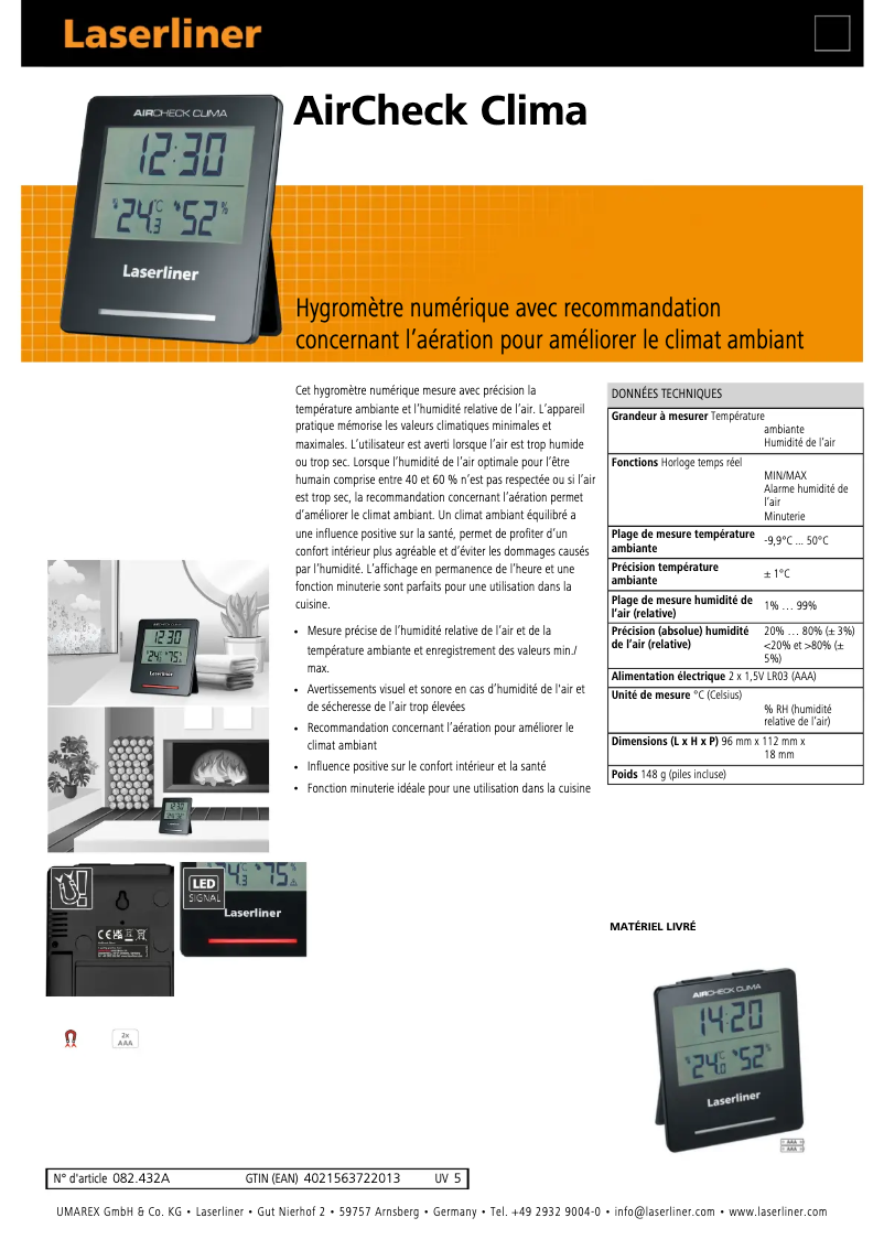 Page 1 de la notice Fiche technique Laserliner AirCheck Clima