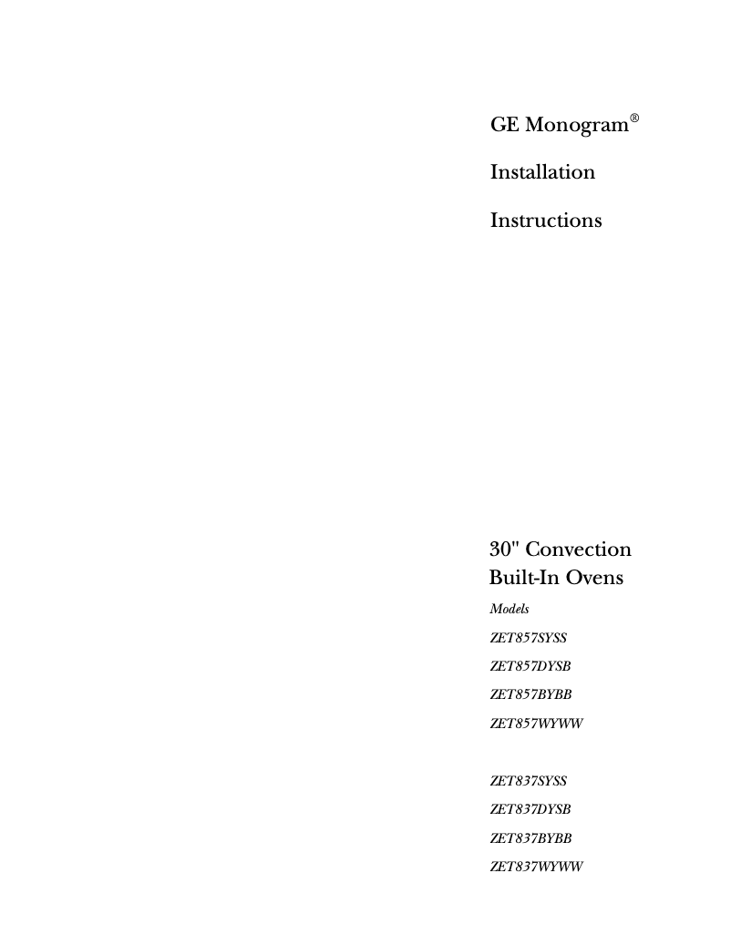 Page 1 de la notice Guide d'installation GE ZET837WBWW