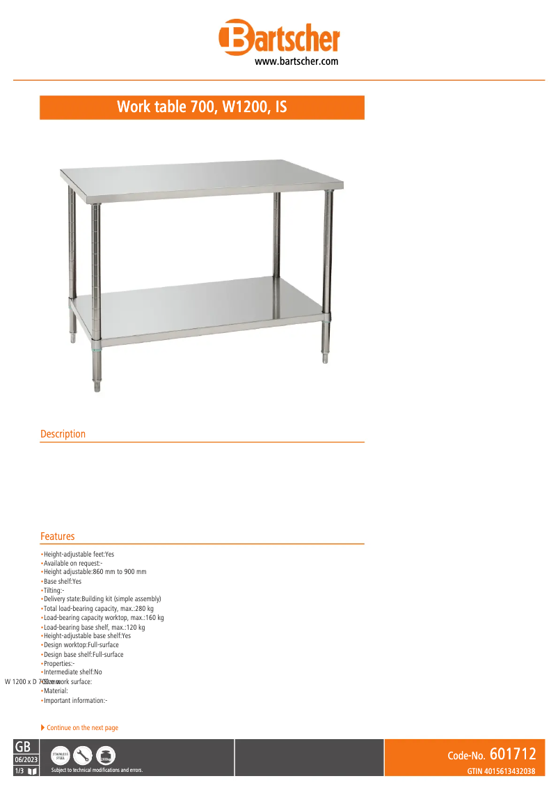 Page 1 de la notice Fiche technique Bartscher 601712