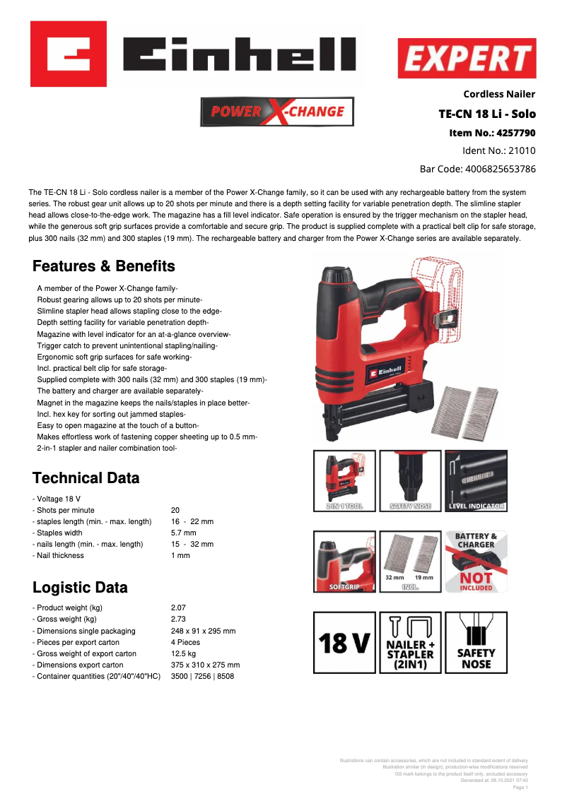 Page 1 of the manual Technical Sheet Einhell TE-CN 18 Li