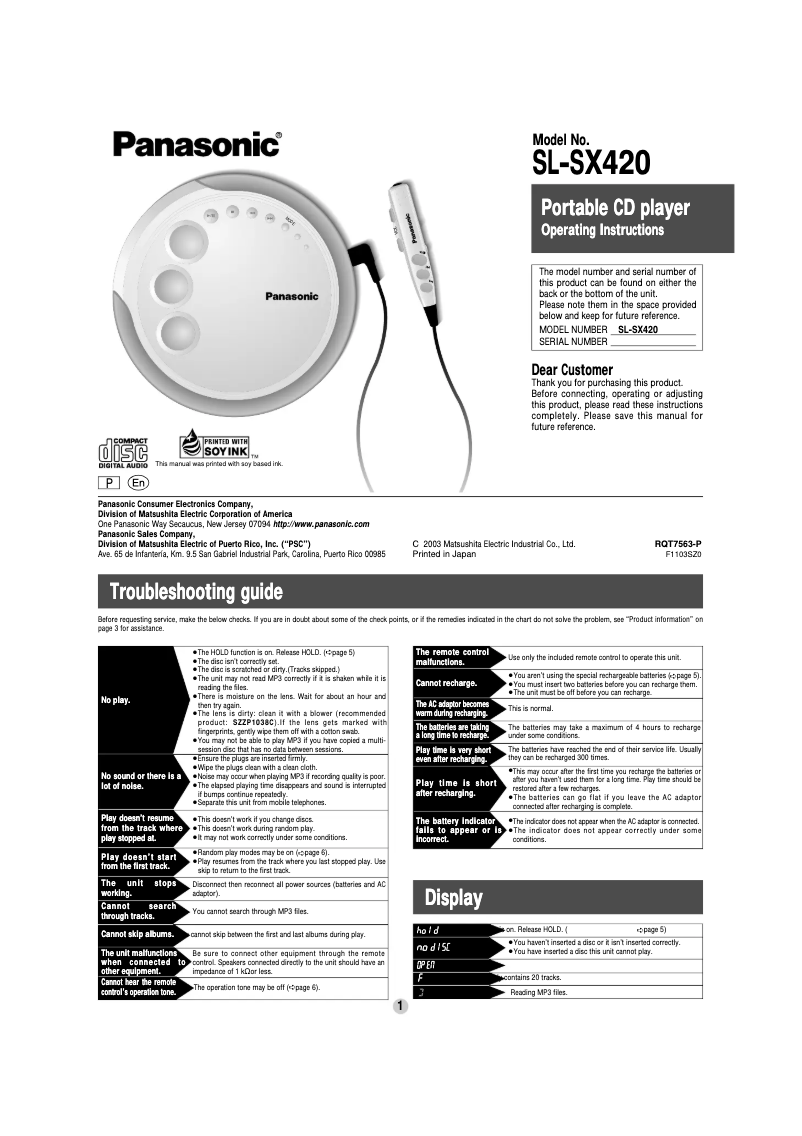 Page 1 de la notice Manuel utilisateur Panasonic SL-SX420