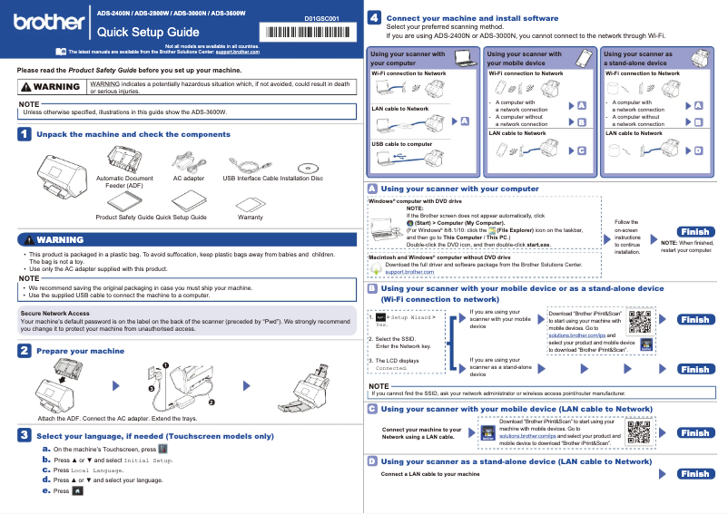Page 1 de la notice Guide d'installation Brother ImageCenter ADS-3600W
