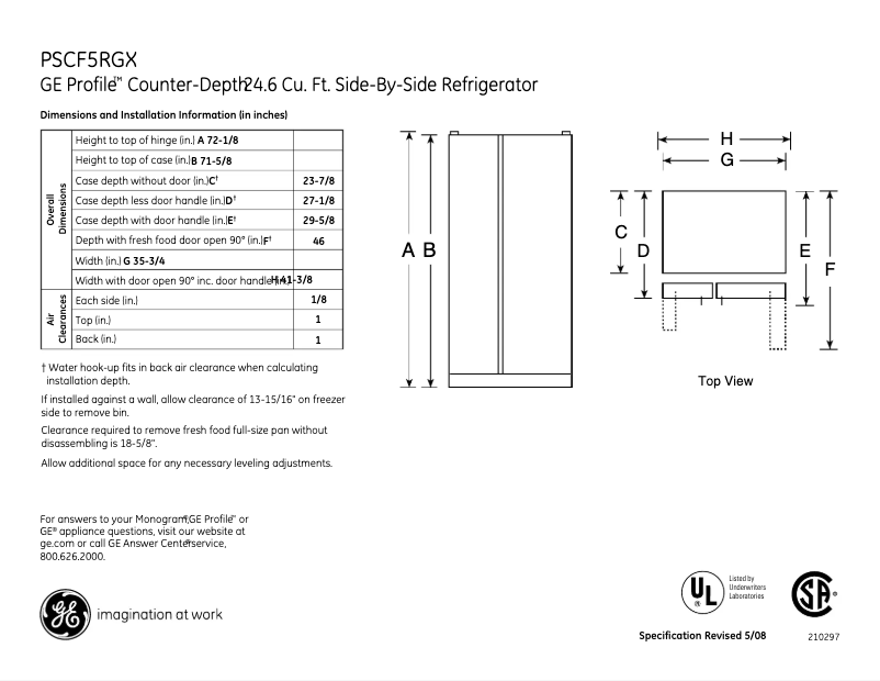 Page 1 of the manual Technical Sheet GE Profile PSCF5RGXCC