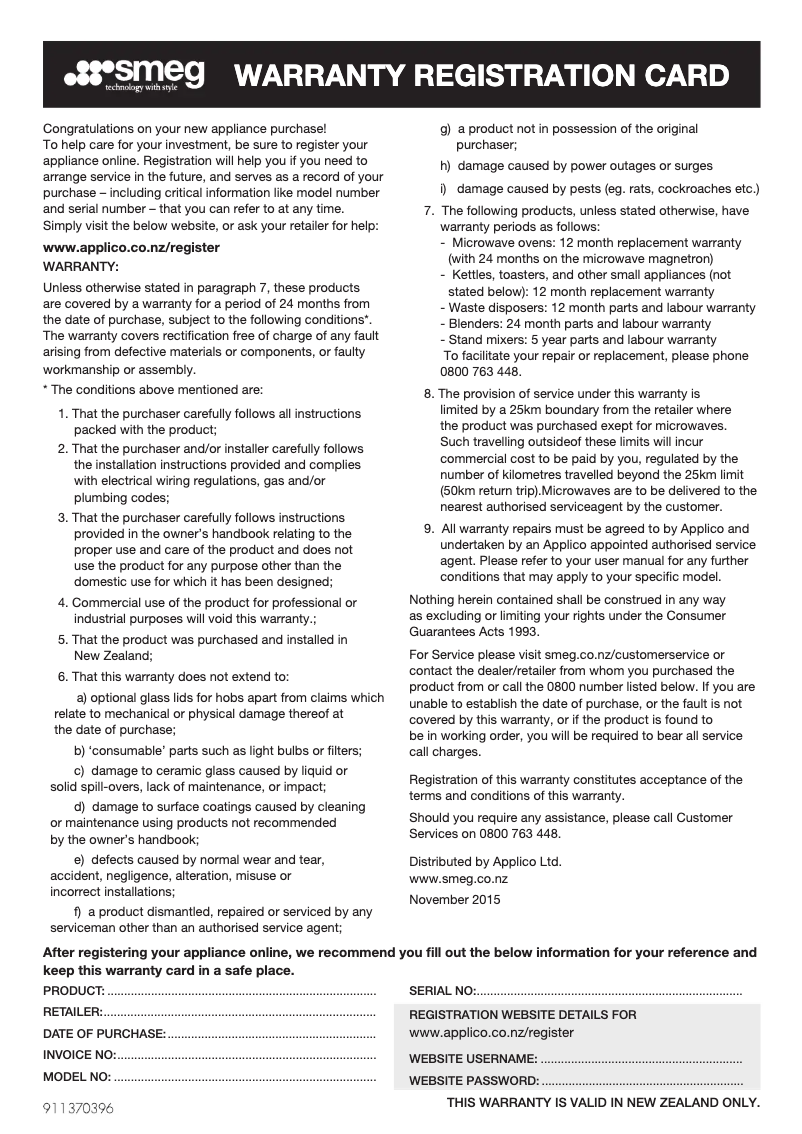 Page 1 de la notice Informations de garantie Smeg CS6CMXA2