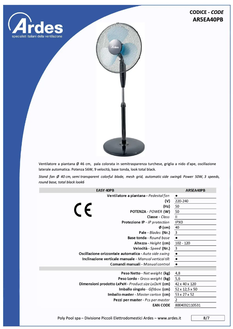 Page 1 de la notice Fiche technique Ardes AR5EA40PB
