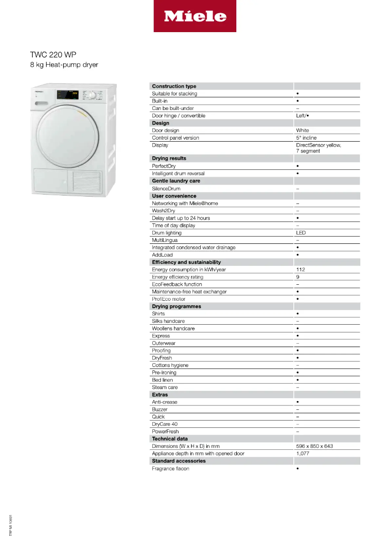 Page 1 de la notice Fiche technique Miele TWC220WP