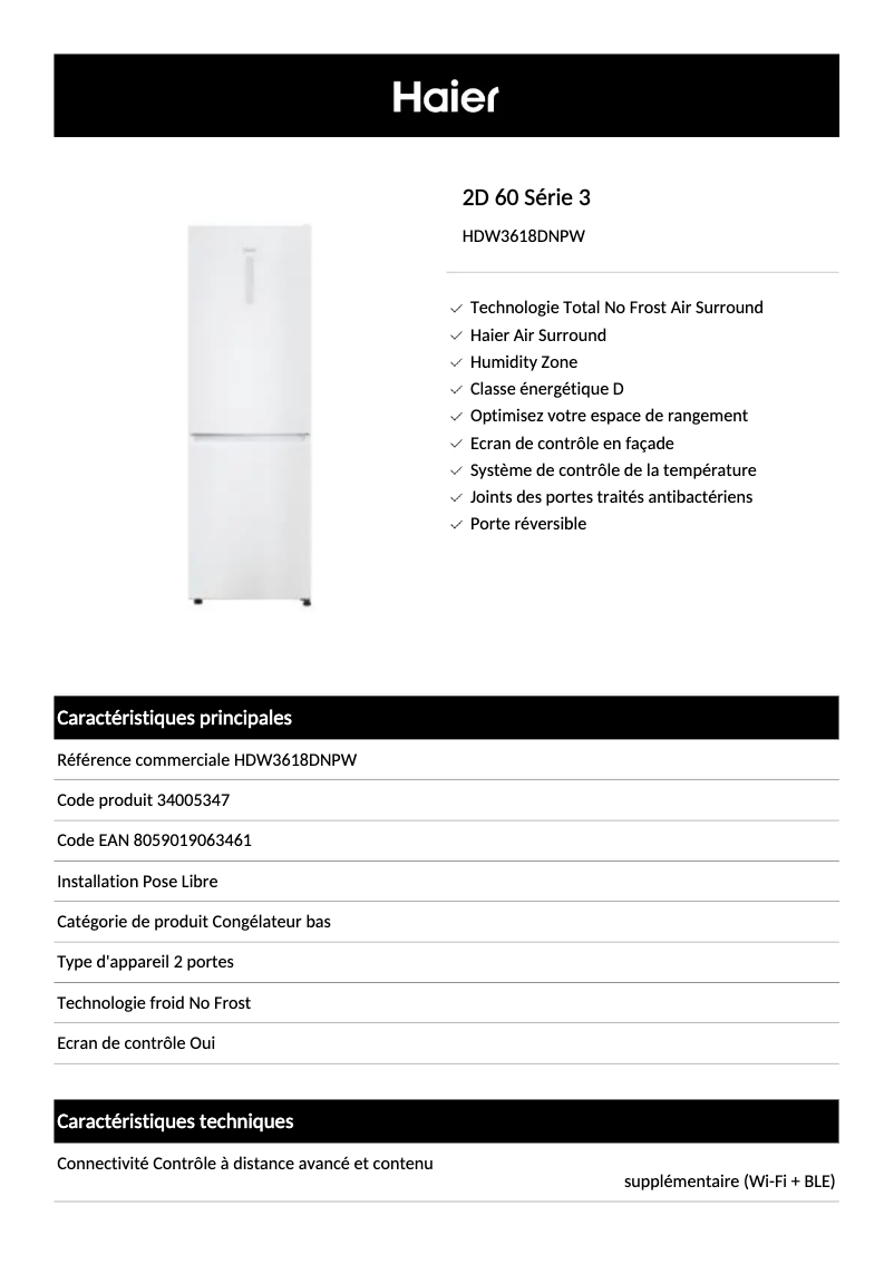 Page 1 de la notice Fiche technique Haier HDW3618DNPW