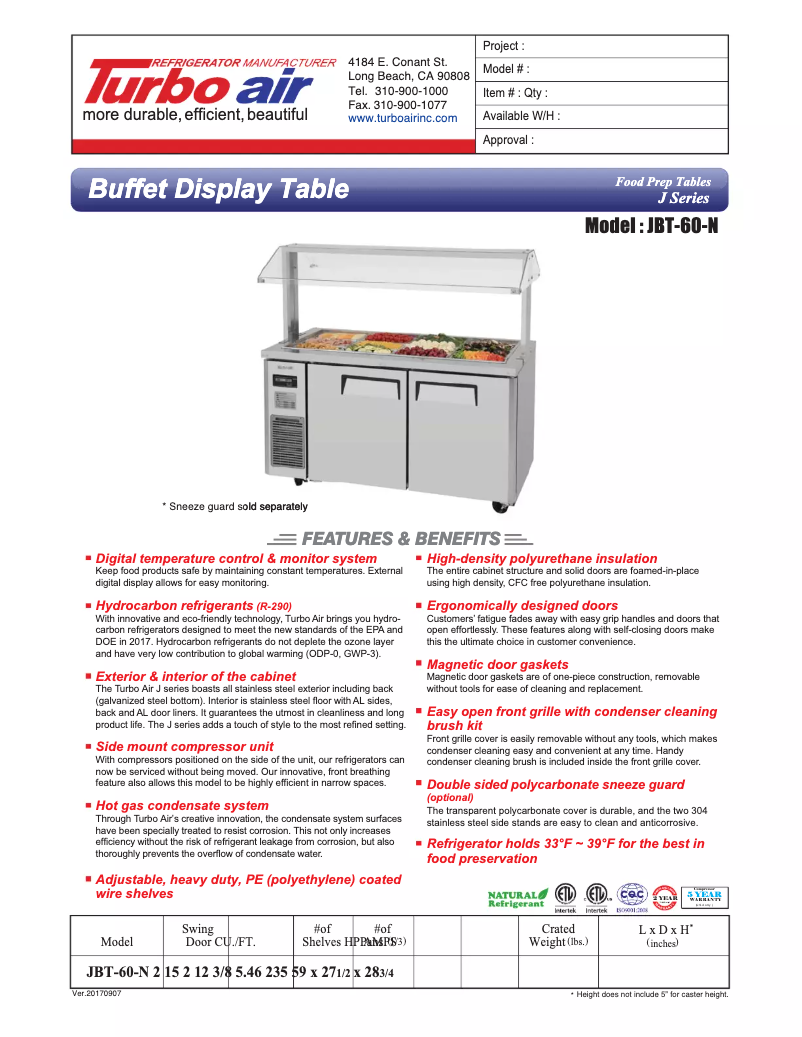 Página 1 del manual Ficha técnica Turbo air JBT-60